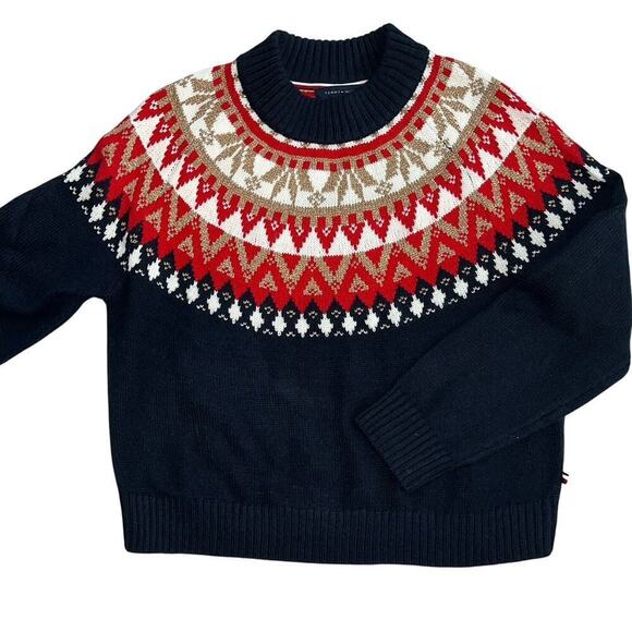 Tommy Hilfiger Fair Isle Crew Neck Sweater Red Navy Blue Gold Pullover Size M - Picture 1 of 11